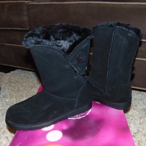 Womens Winter Boots SO Black 7 Mid Calf Pull On Plush Suede Button Fx Fur Trim - Picture 9 of 11